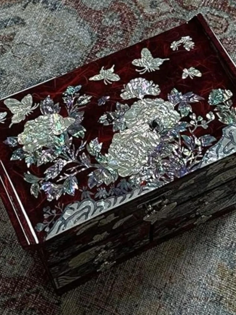 Mother-of-Pearl Inlaid Jewelry Box - Deep Burgundy